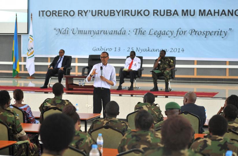 President Kagame addresses youth studying in the Diaspora at the closure of Itorero at Gabiro School of Infantry yesterday. The President challenged the youth to take responsibility and face the challenges of Rwanda and Africa in general. (Village Urugwiro)