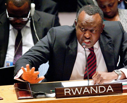 Amb. Gasana speaks during a past Security Council session. Rwanda holds the Councilu2019s presidency for the month of July. (Internet photo)