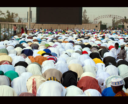 Muslims at Kigali Regional Stadium, Nyamirambo during Eid prayers to celebrate the end of the holy month of Ramadan. Timothy Kisambira. 