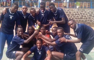 Lycee de Nyanza volleyball team celebrating the title in Musanze on Sunday