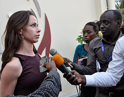 Barbara speaks to journalists at Kigali Genocide memorial on Wednesday. Courtesy.