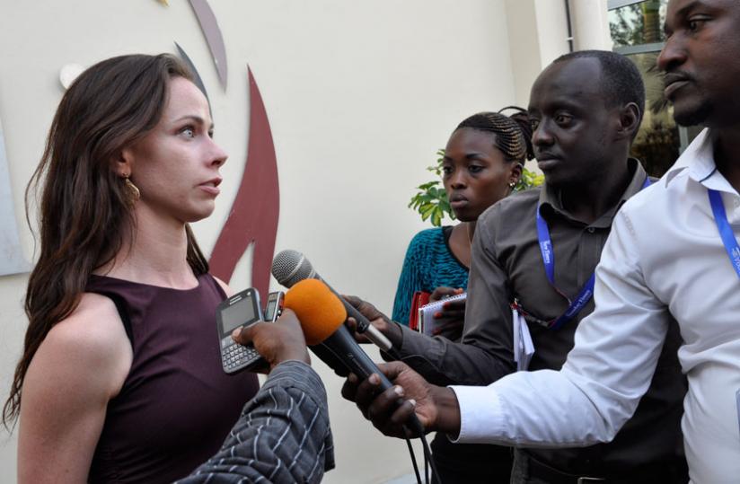 Barbara Bush speaks to journalists at Kigali Genocide memorial on Wednesday. (Courtesy)