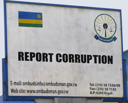 An anti corruption sign post. The new law was enacted will make corruption a very risky venture. File. 