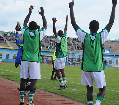 Kiyovu FC players celebrate a win in a past league game. The local league has failed to command home support as many Rwandans resort to European football. File.