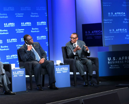 President Kagame speaks at the US-Africa Business Forum in Washington D.C yesterday. Looking on is President Macky Sall of Senegal. (Village Urugwiro)