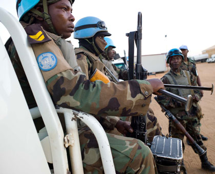 Rwandan peace keepers serving under Unamid patrol streets in the restive Darfur region in Sudan. File.