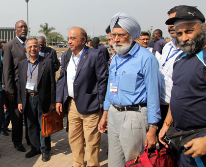 The Indian surgeons, led by Dr Rajendra Saboo of Rotary International (centre), on arrival at the Kigali international airport yesterday. John Mbanda.