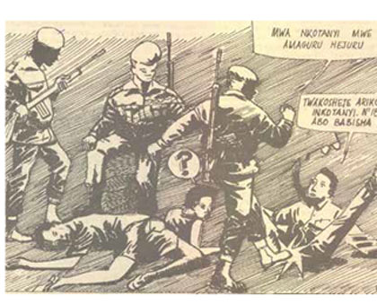 An illustration of FAR soldiers torturing suspected rebel sympathisers.  Source: Imvaho newspaper 