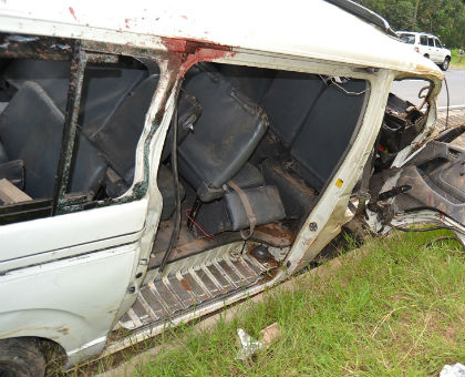 The wreckage of taxi that was involved in an accident leaving three dead and eight injured in Gakenke. (Jean d'Amour Mbonyinshuti)