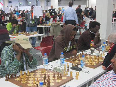 (L-R) Maxence Murara the team captain, Alain Niyibizi and Godfrey Kabera in action at the 41st Chess Olympiad in Norway. Courtesy photo
