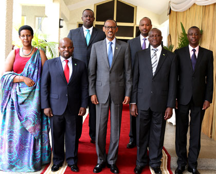 President Kagame in a group photo with ministers who took oath of office at Parliament yesterday. On his left are Joseph Habineza and James Kabarebe. On the right are Jean Philbert Nsengimana and Oda Gasinzigwa and back row left is Amb. Eugu00e8ne-Richard Gasana  and Albert Nsengiyumva. (Village Urugwiro)