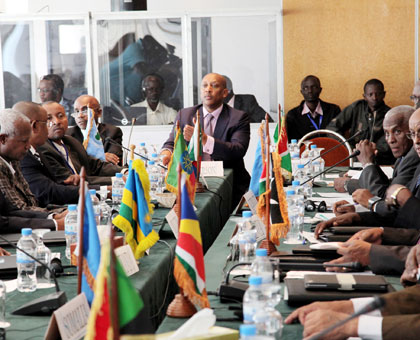 The Chief of Defence Staff, Gen. Patrick Nyamvumba (C) addresses security chiefs from greater eastern Africa region at the meeting in Kigali yesterday. (John Mbanda)