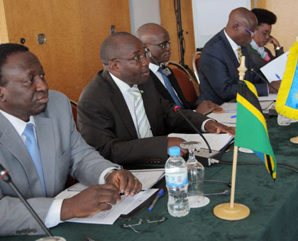 Transport ministers from Tanzania, Rwanda, DR Congo, Uganda and Burundi at the meeting in Kigali yesterday. (John Mbanda)