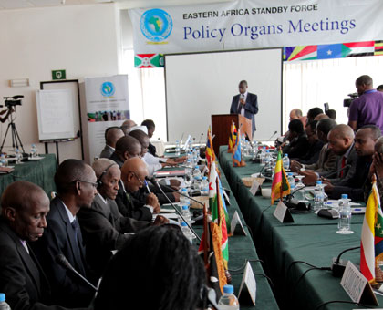 Defence Minister James Kabarebe, addresses participants at a pledging conference for Eastern Africa Standby Force in Kigali yesterday. John Mbanda.