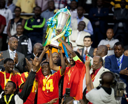 El Merreikh player celebrate after winning the Cecafa Kagame Cup 2014. (Timothy Kisambira)