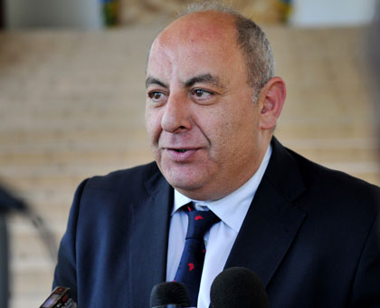 Amb. Khaled Adbel-Salam, speaks to the media after bidding farewell to President Kagame yesterday. Courtesy.  