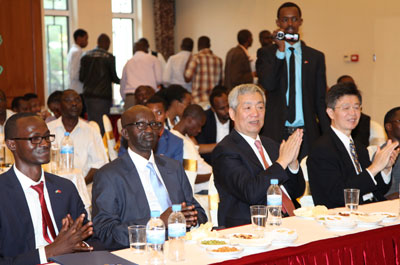Amb. Shen Yongxiang (2nd right)  during the cocktail at the Embassy Hall in Kigali on Thursday. (Courtesy)