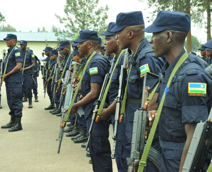 A cross section of Police peacekeepers to be deployed in CAR during de-briefing at Police headquarters in Kacyiru yesterday. Courtesy.
