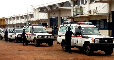 Ambulances manned by the Rwandan Police Contingent in CAR. They arrived in the country yesterday. (Courtesy)