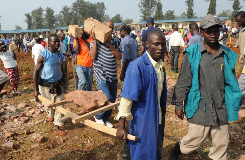 Residents of Kanombe participate in Umuganda to construct a school . (File)