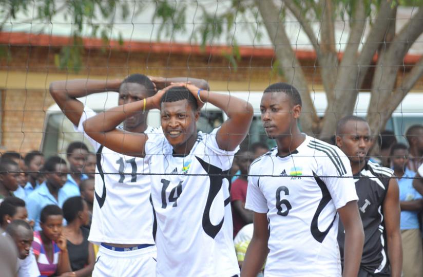 APR players celebrate winning a point against Lycee de Nyanza in game 1 of their semi-final tie on Saturday. (P. Kamasa)