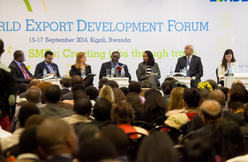 From R-L; Panelists Helen Hai, Vidya Bhushan Soni, Fatima Haram Acyl, Minister  Kanimba, Anabel Gonzalez, and Thakkar during the session on unlocking SMEs competiveness at WEDF in Kigali yesterday. (T. Kisambira)