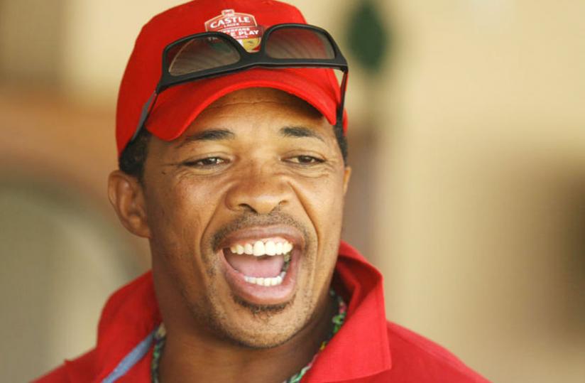 South Africa's bowler Makhaya Ntini cheers for his team during a one day match against South Africa at the Harare Sports Club on August 27, 2014. (Net photo)