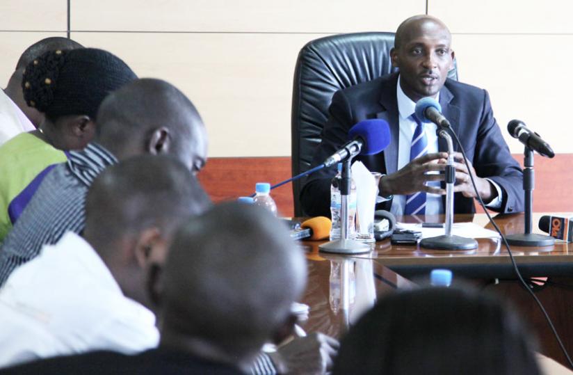Tusabe addresses the media on RRAu00e2u20acu2122s new resolve to deal with tax defaulters in Kigali yesterday. (J. Mbanda)