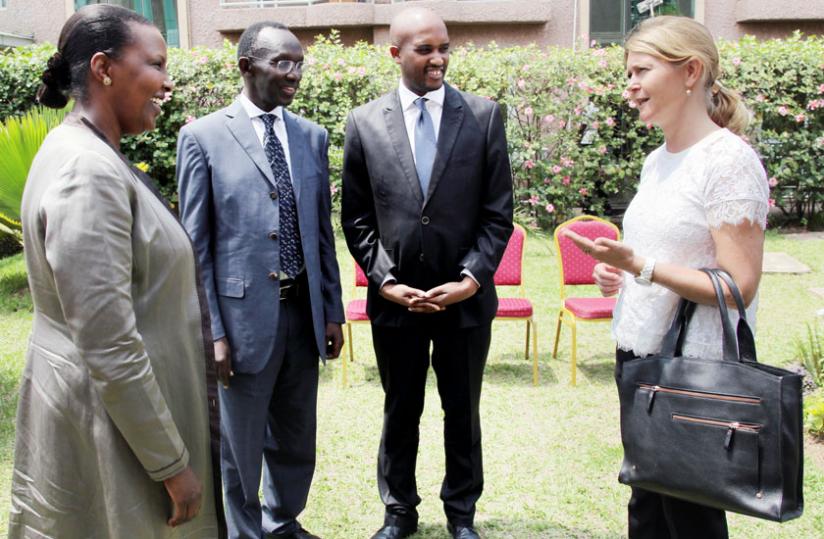 L-R; The Minister for  EAC affairs, Amb. Valentine Rugwabiza, Chief Justice Sam Rugege, East African Court of Justice president Emmanuel Ugirashebuja and Maria Hakansson, the charge du00e2u20acu2122affaires  at the Swedish embassy. The event took place at Lemigo hotel  in Kigali yesterday. (John Mbanda)