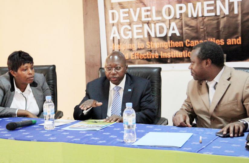 L-R; Mutoro, Manneh and Ndagijimana at the meeting in Kigali yesterday. (John Mbanda)