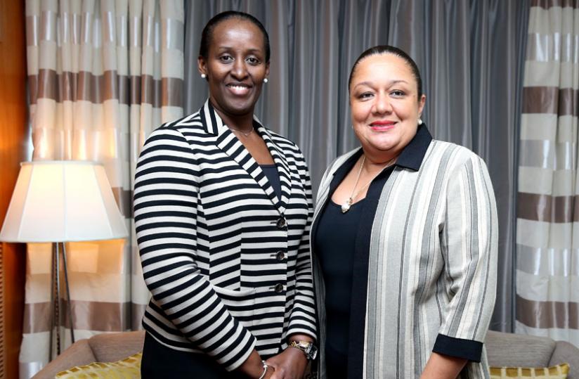 Mrs Kagame and her Haitian counterpart, Sophia Martelly at the conference in New York on Thursday. (Village Urugwiro)