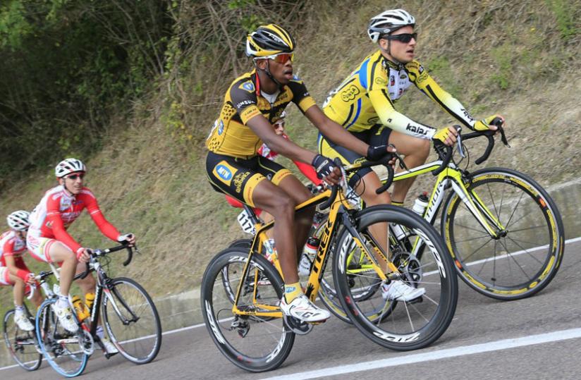 Lead cyclist Adrien Niyonshuti during  a World tour series recently. The Rwandan cyclist has extended his contract with MTN Qhubeka to 2015. (Courtesy)