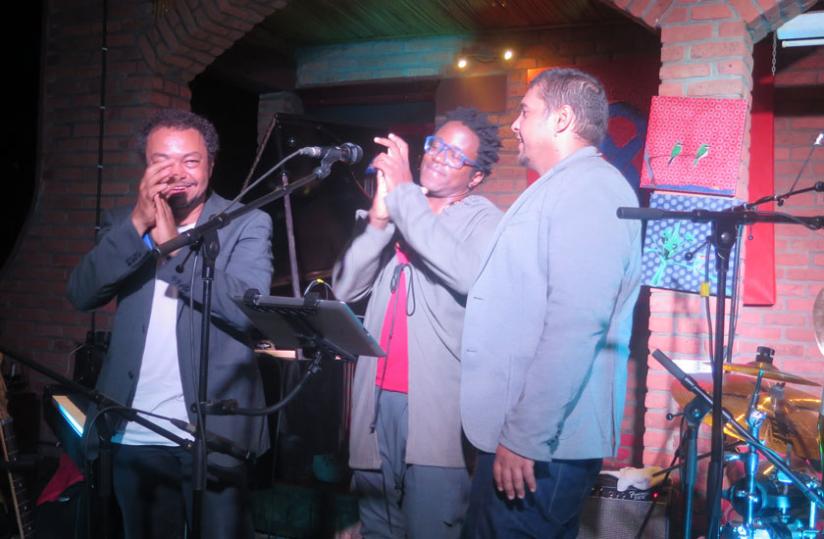 (L-R) Mario Canonge, Blick Bassy and Adriano Tenorriod after performing at Le Heaven Restaurant Tuesday night. (Stephen Kalimba)