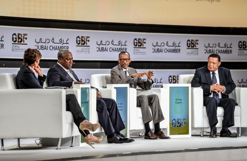 President Kagame with Presidents Mahama of Ghana and Wirtu of Ethiopia (R) on the Global Business Forum panel titled, u00e2u20acu0153Africa Rising-Leading the Continent towards Changeu00e2u20acu009d moderated by CNN Anchor Becky Anderson in Dubai yesterday. (Village Urugwiro)