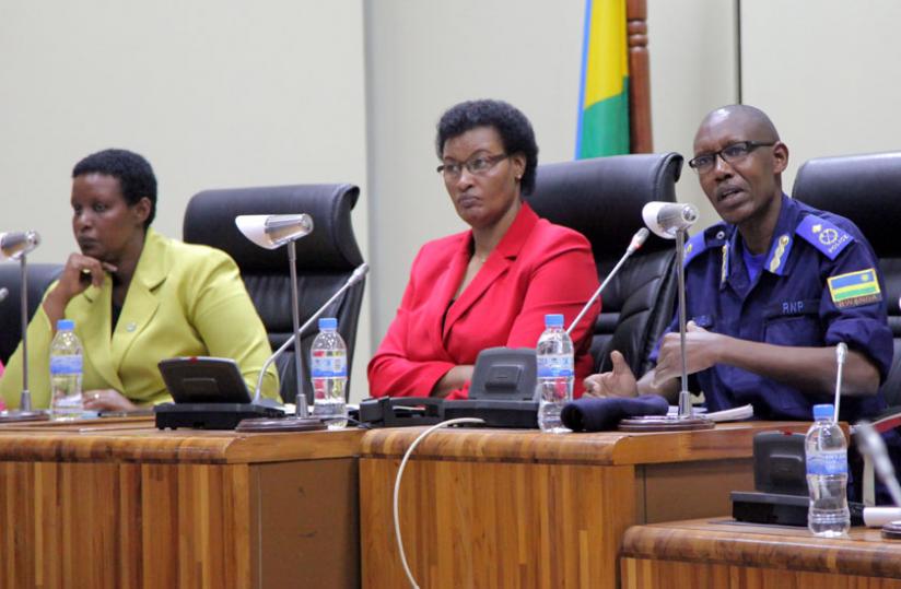 L-R; Gasinzigwa, Mukabalisa and Kuramba during the media briefing at Parliament Buildings yesterday. (John Mbanda)