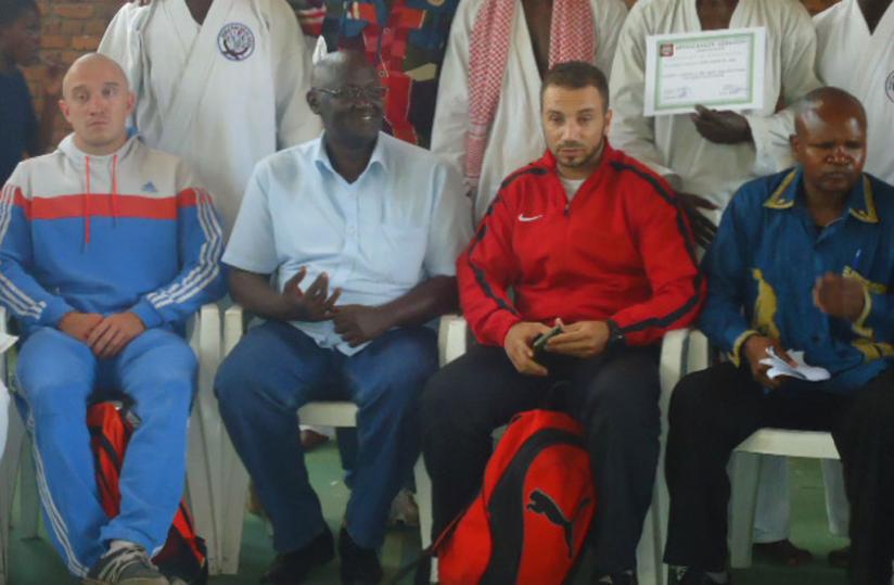 (L-R) National team coach Ruslan Adamov, Ferwaka vice-president Barnabe Karamaga and Abdel-Raouf [in red and black] officiated at the friendly competition held in Rubavu town last weekend. (File)