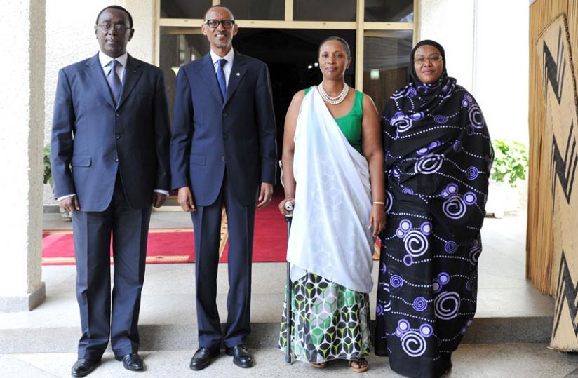 President Kagame with newly-sworn in Senate president Bernard Makuza and vice-presidents Jeanne du00e2u20acu2122Arc Gakuba and Fatou Harerimana (right) at Parliament Buildings in Kimihurura, yesterday. (Village Urugwiro)