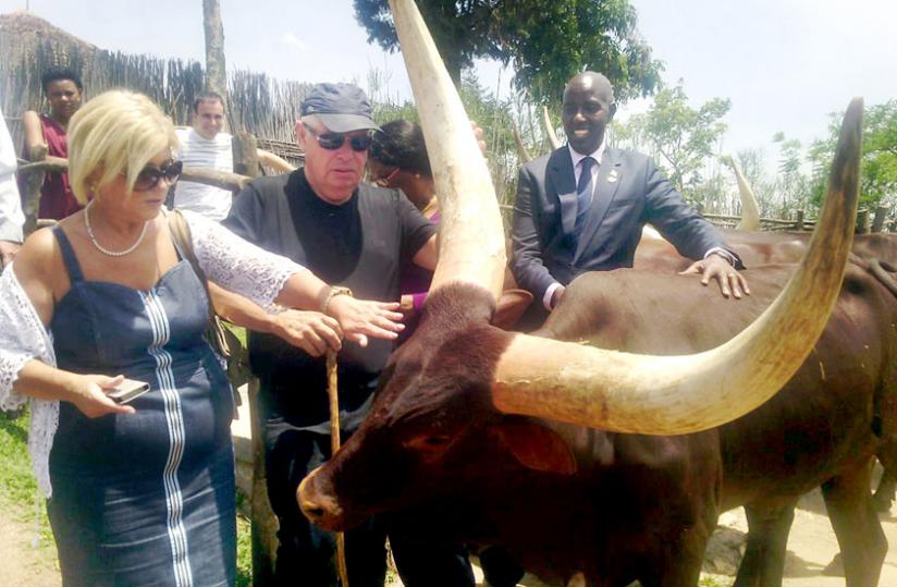 Ronen Plot, the director of Israeli legislature (C), Alphonse Umulisa, the director-general of the Institute of National Museums of Rwanda (R), pose with Inyambo cows at the Kingu00e2u20acu2122s Palace Museum in Nyanza District on Tuesday. (Jean Pierre Bucyensenge)