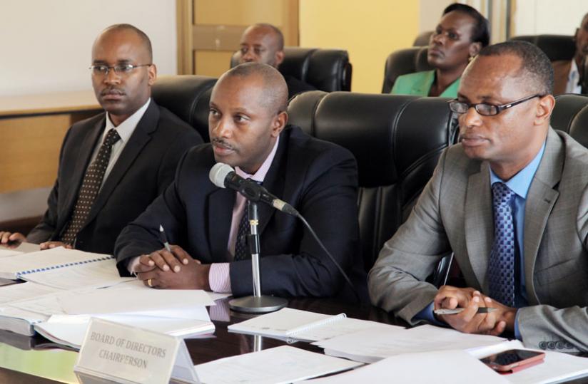L-R; Permanent Secretary in the Ministry of Agriculture Innocent Musabyimana, Amb. Kayonga and Rwanda Agricultural Board Director-General Jean Jacques Mbonigaba appear before PAC yesterday. (John Mbanda)