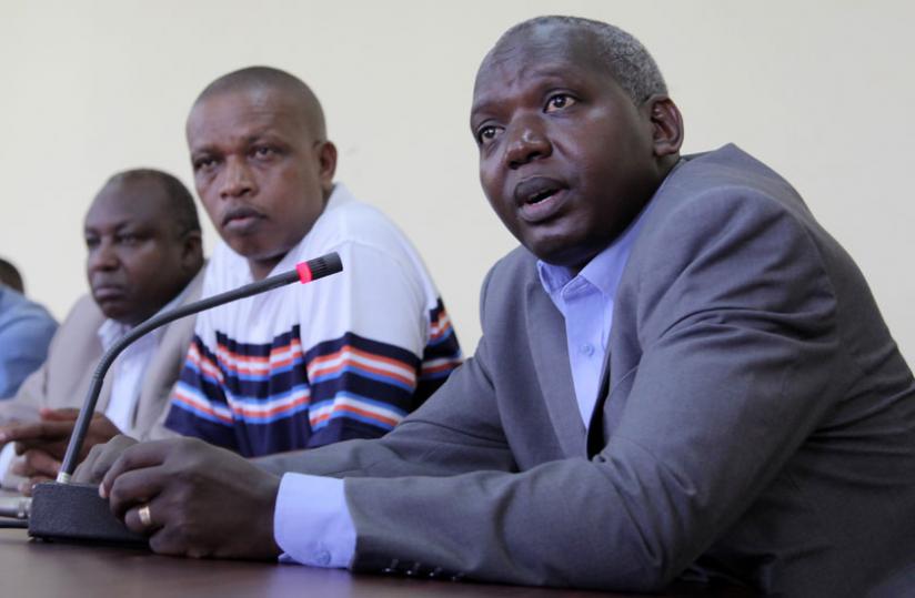 Munyamaliza (right) and other members of the Civil Society Platform at the Ministry of Local Government headquarters in Kigali yesterday. (John Mbanda)