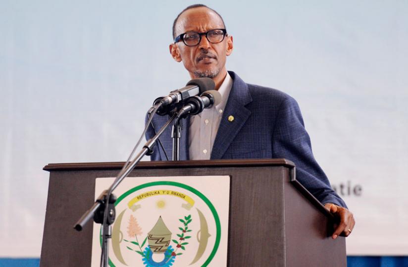 President Kagame addresses the Abunzi and leaders during the event to mark 10 years of homegrown mediation at Petit Stade in Remera yesterday. (Village Urugwiro)