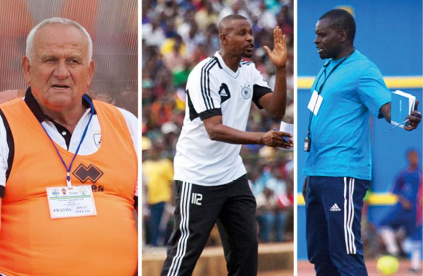 (L-R) APR's Petrovic Lujbomir, Police FC head coach Cassa Mbungo and Rayon Sports acting head coach Habimana.