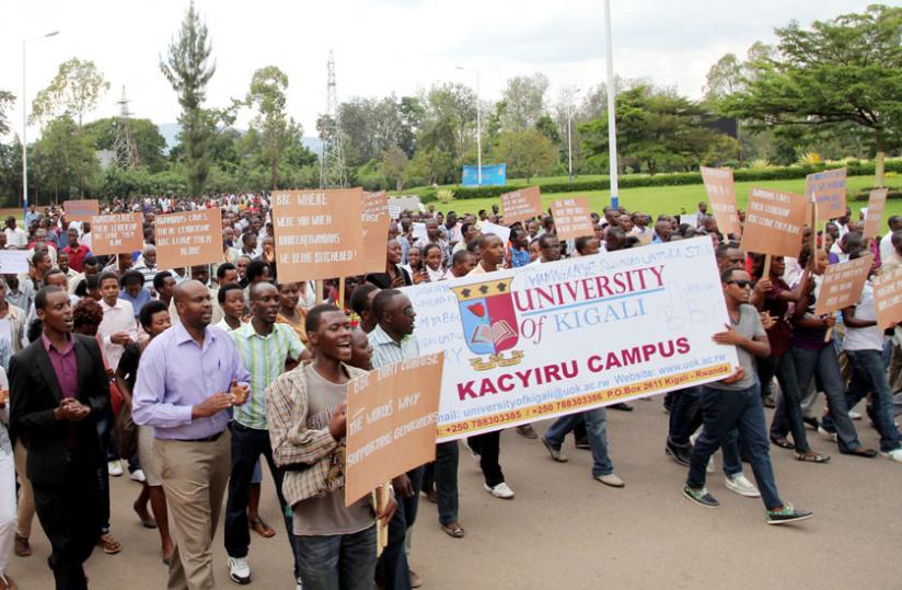 Anti-BBC demonstrators march to Parliament Buildings in Kigali where they presented their grievances yesterday. (John Mbanda)