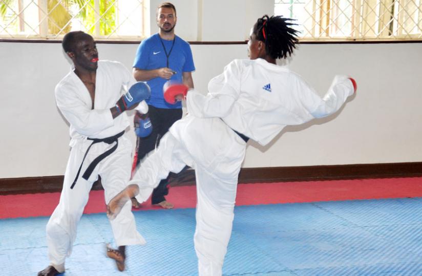 Karate team coach Tamer Abdel-Raouf takes charge of training yesterday. (File)