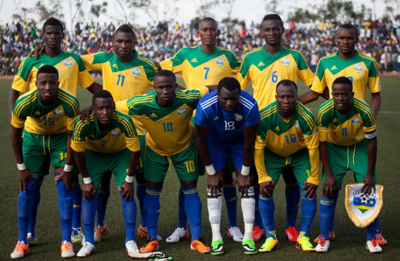 Amavubi during a recent Qualifier against Libya. The National Side is still in the top 100 ranked teams  in the World. (Courtesy)