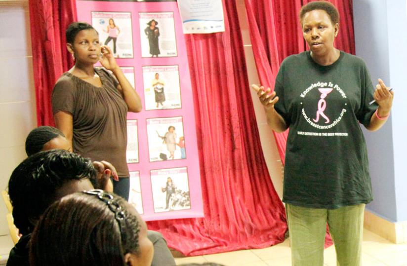 Constance Mukankusi, a counsellor with Breast Cancer Initiative, talks to mothers before a screening session in Kigali last year. (File)