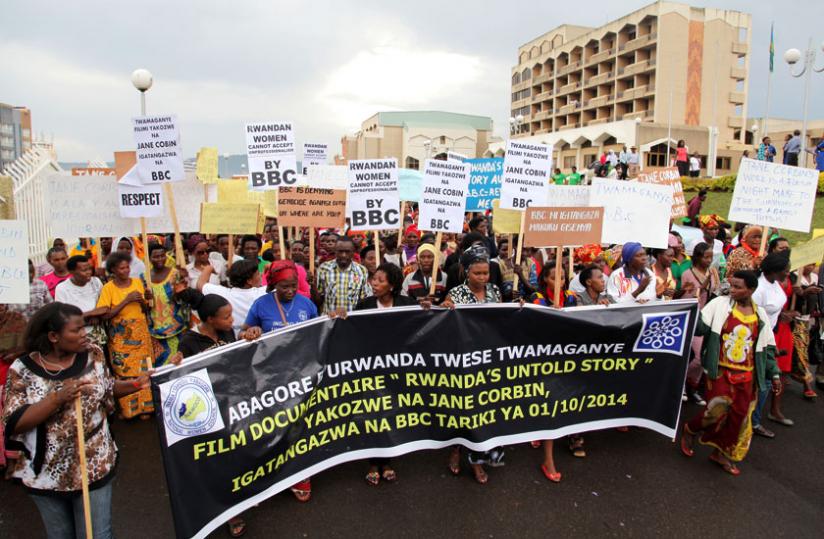 Protestors leave Parliament Buildings in Kimihurura, Kigali, for the BBC bureau offices in Remera yesterday during a demonstration against the UK broadcasteru00e2u20acu2122s Genocide denial documentary. (John Mbanda)