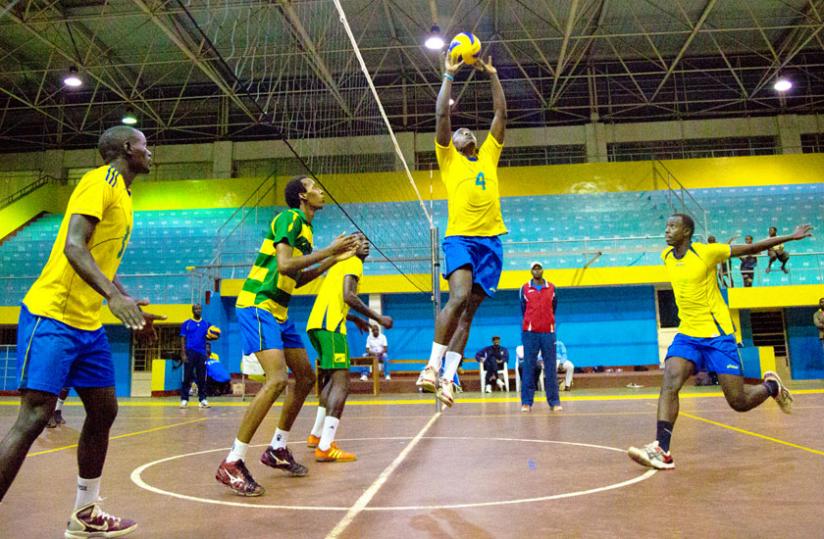 The National U23 volleyball team train at Amahoro indoor stadium yesterday. (Timothy Kisambira)