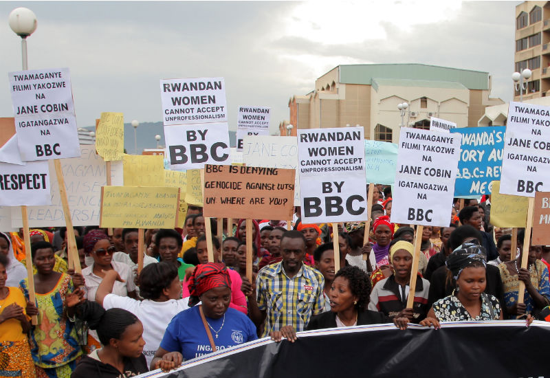 Rwandans demonstrating against the BBC in front of the Parliament Buildings, Kimihurura. J. Mbanda 