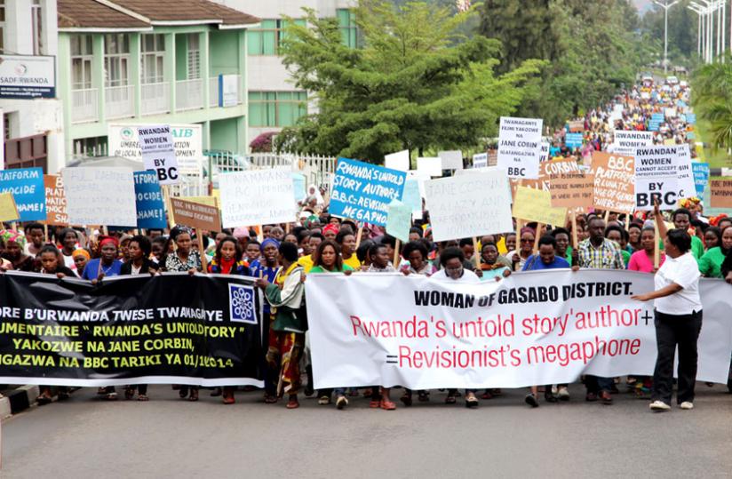 Women demonstrators march to BBC country office in Kimironko suburb of Kigali on on October 24. (John Mbanda)